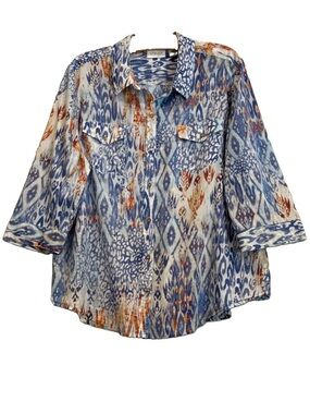 Chico's Blue White Lightweight 100% Cotton Button-Up Blouse Sz 3